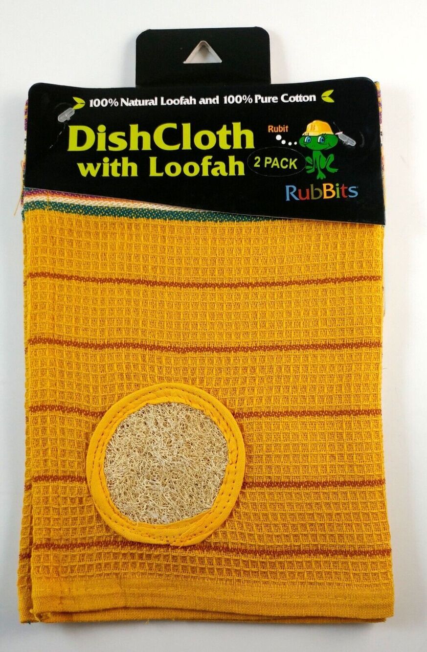 Kitchen Dishcloth Yellow 100% Natural Cotton With Built In Loofah Scrubber